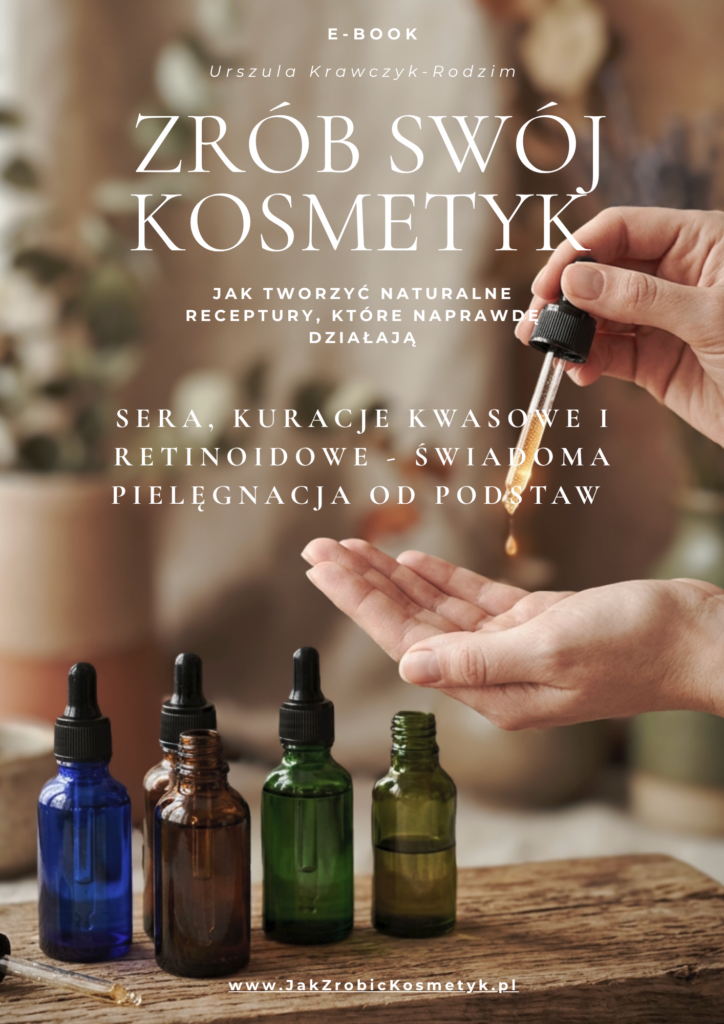 sera i kuracje specjalistyczne, zrób swój kosmetyk okładka e-booka z buteleczkami z serum i dłoniami które aplikują serum pipeta