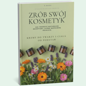 książka z słoiczkami szkalnymi z ciemnego szkła ziołami leczniczymi pod tytułem zrób swój kosmetyk